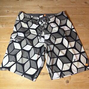Vintage Quicksilver Sz 38 Mens Gray White Black Y2K Surf Board Shorts Retro Used
